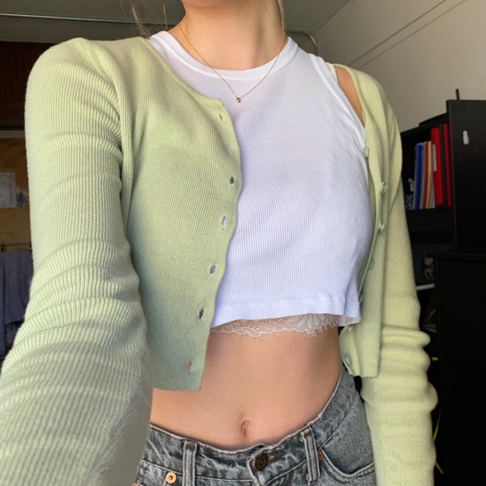 Princess Polly Sage Green Cropped Cardigan
